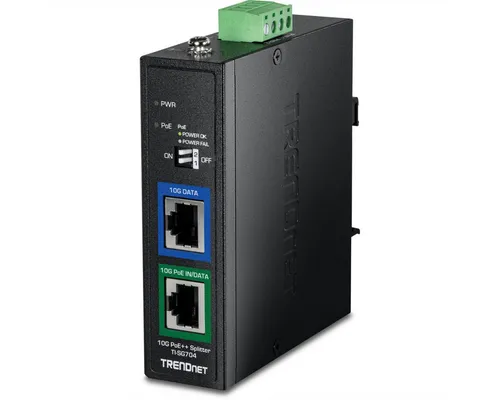 Trendnet TI-SG704 10G PoE++ Splitter - Industrieller Netzwerk-Switch mit Power over Ethernet (PoE), ideal für professionelle Anwendungen. Kompakt und vielseitig montierbar – DIN-Schiene oder Wand. Zuverlässige Stromversorgung und einfache Installation.