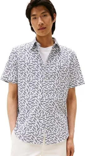 Tommy Hilfiger Herren Hemd Linen Blend Print Kurzarm, Mehrfarbig (White/Allover), L