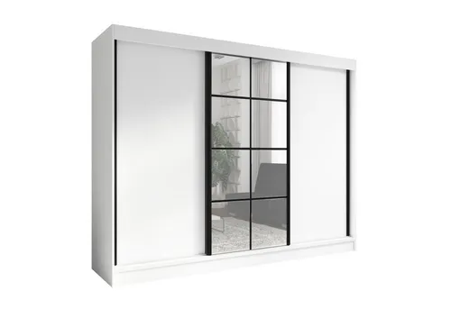 A&J MöbelLand Schwebetürenschrank ORAVELLE - Schwebetürenschrank mit 3 Türen und Spiegel, 200 cm breit. Inklusive 4 Schubladen für zusätzlichen Stauraum. Modernes Design, einfache Montage - ideal für Ihr Schlafzimmer!