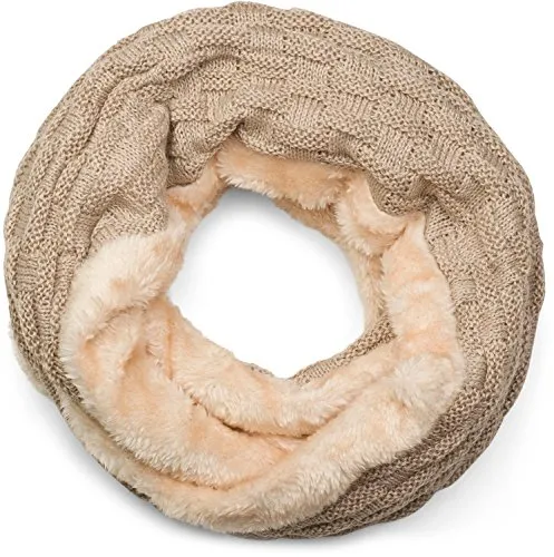 styleBREAKER warmer Feinstrick Loop Schal mit Flecht Muster und sehr weichem Fleece Innenfutter, Schlauchschal, Unisex 01018150, Hellbraun, Einheitsgröße