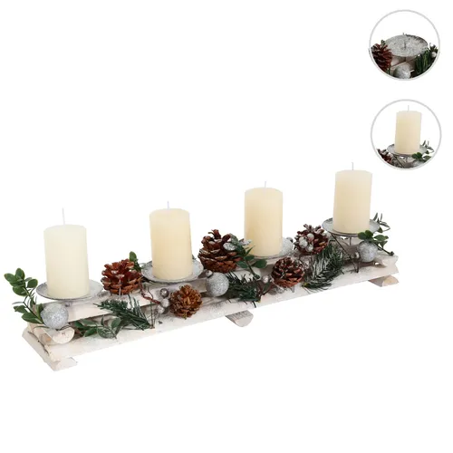 Adventsgesteck HWC-M12 Kerzenhaltern, Weihnachtsdeko Holz silber weiß 18x49x13cm