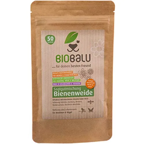 Biobalu Bienenweide - Blumenwiese Samen mehrjährig & winterhart, Samen - Über 30 heimische Blumen und Wildkräuter, spezielle Artenauswahl für den Nordwesten 50g