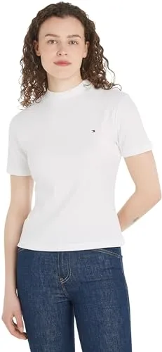 Tommy Hilfiger Damen T-Shirt Kurzarm Slim Cody - T-Shirts für Damen, aus 100% Baumwolle für optimalen Komfort, ideal für lässige Freizeitlooks und mit der ikonischen Tommy Hilfiger Flag auf der Brust.