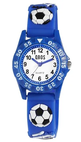 Qbos Kinderuhr Fußball Motiv Weiß Blau Analog Silikon Quarz Mädchen Junge Kids
