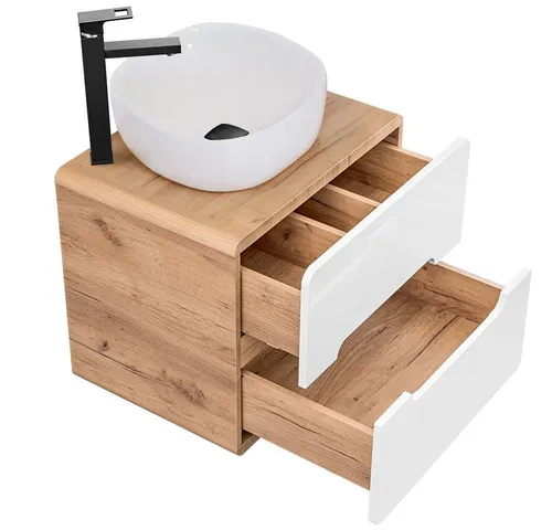 Lomadox Waschtisch LUTON-56 - Moderne Badmöbel in Hochglanz weiß mit Wotan Eiche, griffloses Design und Soft-Close-Schubladen für komfortable Nutzung. Ideal für stilvolle Badezimmer.