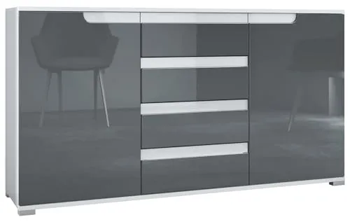 Vladon Sideboard Sylt V1, Kommode mit 2 Türen und 4 Schubladen, Korpus - Weiß matt/Front - Grau Hochglanz/Absetzung - Weiß Hochglanz (138,5 x 75,5 x 35 cm)