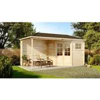 Alpholz Gartenhaus 5-Eck Franz-28 mit Anbau - Gartenhaus aus nordischer Fichte mit Walmdach und Ausstellfenstern, ideal für kreative Gartenprojekte und als zusätzlicher Stauraum.
