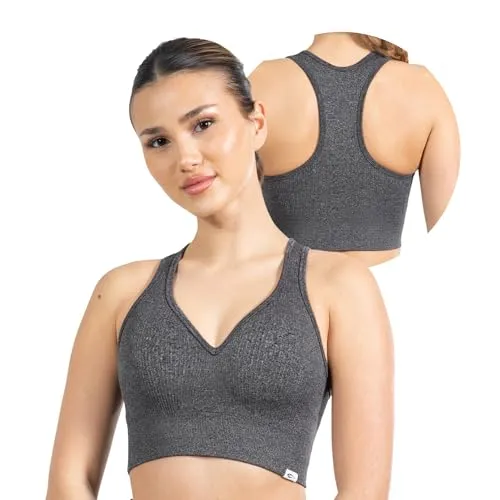 SMILODOX Sport BH Damen Amaze Pro - Blickdicht rutschfest Sport Bra - Seamless Gerippter Stoff Crop Top - Atmungsaktive Yoga Tank Top für Fitness & Gym, Größe:XS, Color:Anthrazit Melange