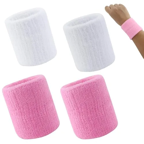 Saugfähige Schweißband Handgelenk Schweißbänder für Damen, Herren, Kinder, 4er Schweißband Set, Fitness Arm Schweissband für Tennis, Handball & Laufen, Schweissbänder Wristband, Rosa und Weiß