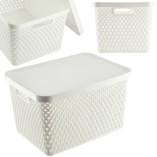 KADAX Aufbewahrungskorb, Korb mit Deckel, Aufbewahrungskiste, Aufbewahrungsbox aus Plastik, Moderner Regalkorb, Behälter mit Lüftungslöchern (18L, Weiß)