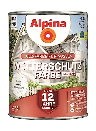 Alpina Wetterschutzfarbe deckend Holzfarbe Weiß seidenglänzend, 2,5 Liter - Lacke, wetterbeständige und schützende Farbe für Holz, ideal für langlebigen Außenschutz.