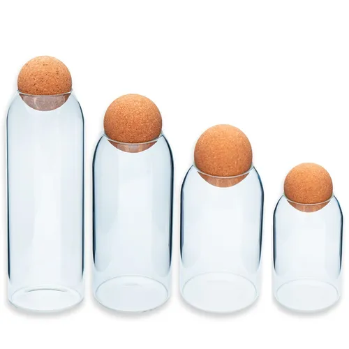 Vorratsbehälter 4-tlg. Set Glas Kork-Kugeln - Vorratsgefäße & -gläser, stilvolles 4-teiliges Set aus Glas mit Korkdeckeln für eine stilvolle Aufbewahrung von Lebensmitteln.