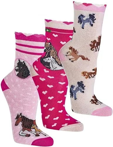 WOWERAT Kinder-Söckchen „Romantik Pferde“ 3er-BÜNDEL (Gr.23-26, „Romantik Pferde“)