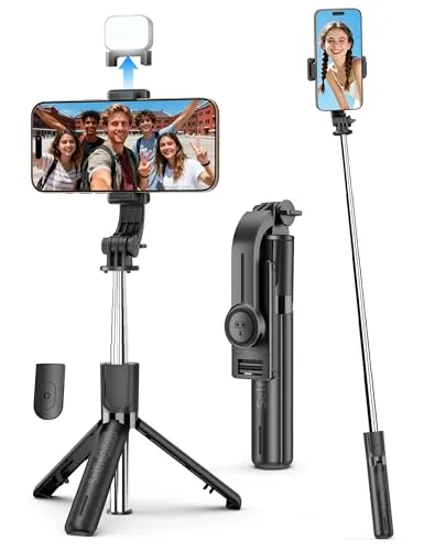 Selfie Stativ mit Fülllicht, All-in-One Ausziehbares Handy Ständer mit Abnehmbarer Fernbedienung, Tragbares Smartphone Reise-Set Mini Stativ für Reisen Kompatibel mit iPhone und Android