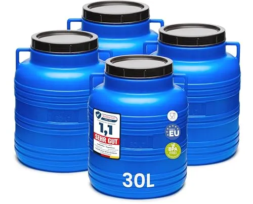 Garronda Set 4x 30 Liter Weithalsfass BPA-frei – Universelles Lebensmittel- und Regenfass - Set aus 4 BPA-freien Fässern (30L) aus leichtem HDPE. Ideal für die Aufbewahrung von Lebensmitteln oder als Regenwassertonne. Robuste Bauweise für vielseitige Anwendungen im Garten und Haushalt.