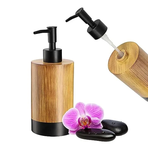 KADAX Seifenspender, 350 ml Handseifenspender in Holzoptik, Seifendosierer aus Kunststoff, Pumpspender für Badezimmer und WC, Flüssigseifenspender (Holz-Schwarz)
