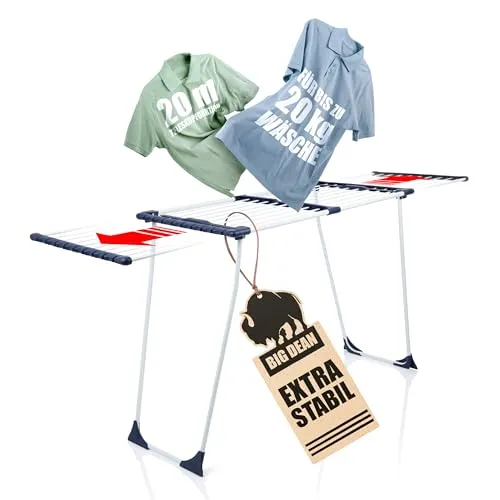 BigDean XXL Wäscheständer - Ausziehbar mit 20m Trockenfläche - Wäscheständer für große Haushalte mit 20m Trockenfläche und stabiler Stahlkonstruktion, ideal für bis zu zwei Maschinenladungen. Klappbar und UV-beständig für innen und außen.