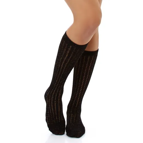 Damen Wadenstrumpf lange Socke Gold Glitzer Häkel Strick Lolita sexy 34 36 38