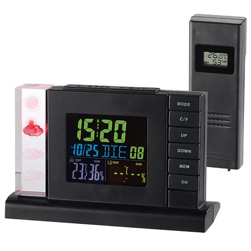 infactory Funk-Wetterstation mit 3D-Hologramm-Anzeige, Außensensor & Funkwecker