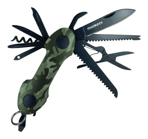 Munkees Universalmesser Grüntarn-Design, 15 Funktionen, Schlüsselring, (Einzelartikel, 1 St), 15 Funktionen, Grüntarn, Multifunktionswerkzeug