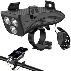 MUNDO® Fahrrad Handyhalterung mit Licht, Hupe und Powerbank – 400 Lumen LED Lampe, Schwarz