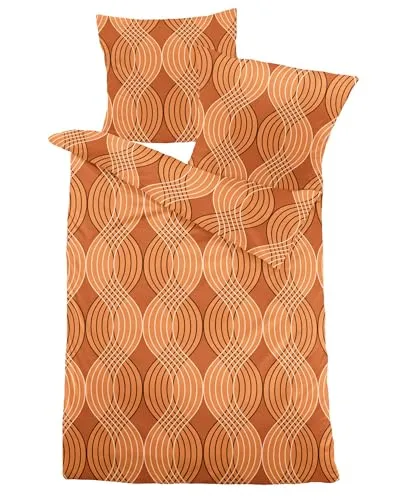 JACK by Dormisette Fein Biber Bettwäsche 2 TLG. Wellen Linie Orange Braun Modern Reißverschluss, Größe:135x200cm Bettwäsche