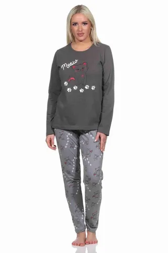 Normann Damen Pyjama mit Katzen-Motiv - Herren-Nachtwäsche, bequemer Schlafanzug aus 100 % Baumwolle mit süßem Katzen-Motiv, ideal für gemütliche Nächte.