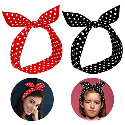 Stirnbänder Damen, 2 Stück Haarband Rockabilly Kopfband Frauen Haarband Bow Draht Biegbar Stirnband mit Polka Punkt, Rot Retro Haarschmuck für Damen Mädchen Geschenk