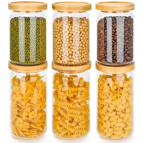Avmvnvc Vorratsdosen Glas 6er Set, Vorratsgläser mit Deckel Transparente Aufbewahrungsgläser Luftdicht Küche, Gewürzgläser 3x700ml + 3x900ml Vorratsglas mit Holzdeckel für Pasta, Kaffeebohnen, Müsli