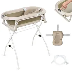 moovkee Babybadewanne mit Gestell 80cm Beige – Faltbare Babywanne mit Thermometer und Badekissen