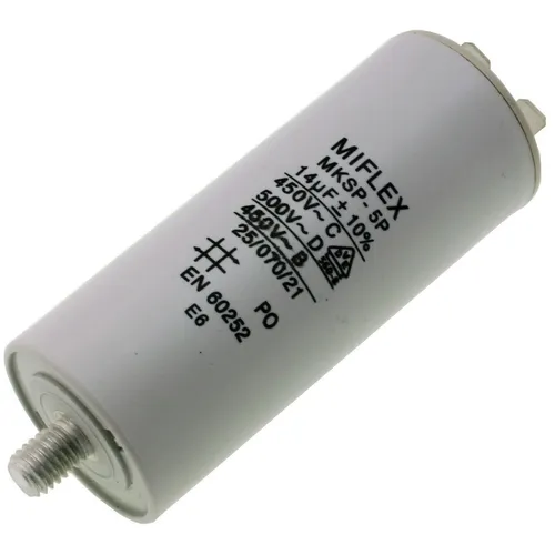 Anlaufkondensator Motorkondensator 14µF 450V 35x83mm Stecker 6,3x0,8mm Miflex 14