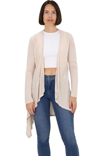 Easy Young Fashion Damen Cardigan - offenes Langarm Jäckchen asymmetrisch geschnitten - Open Front Wasserfall Jersey Jacke 806 - (beige M/L)