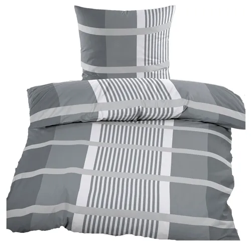 Biber Bettwäsche 135x200 cm | 2tlg. | Winter Garnitur | 100% Baumwolle | mit Reißverschluss | Anthrazit Grau gestreift
