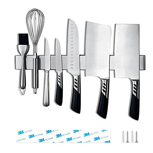 LiRiQi Magnetleiste Messer zum Kleben oder Bohren, Messerhalter Magnetisch, Magnetleiste Selbstklebend für Wand, Messerleiste Edelstahl 40 cm, Für eine Aufgeräumte Küchenutensilien