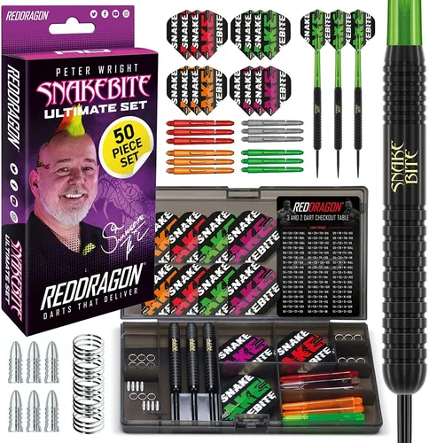 RED DRAGON Darts – Peter Wright Snakebite – Professionelles Dartset Ultimatives 50-teiliges Dart- und Zubehörset – 22 Gramm Dartset