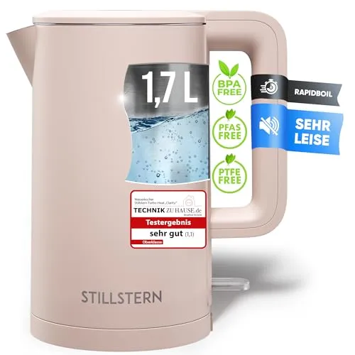 Stillstern Wasserkocher Turbo-Heat 'Clarity' 1,7L 2200W Edelstahl - Eleganter Wasserkocher mit 2200W für schnelles Aufheizen. Die Anti-Fingerprint Beschichtung sorgt für eine stets gepflegte Optik. Ideal für den täglichen Gebrauch, sicher dank doppelwandigem Gehäuse und Überhitzungsschutz.