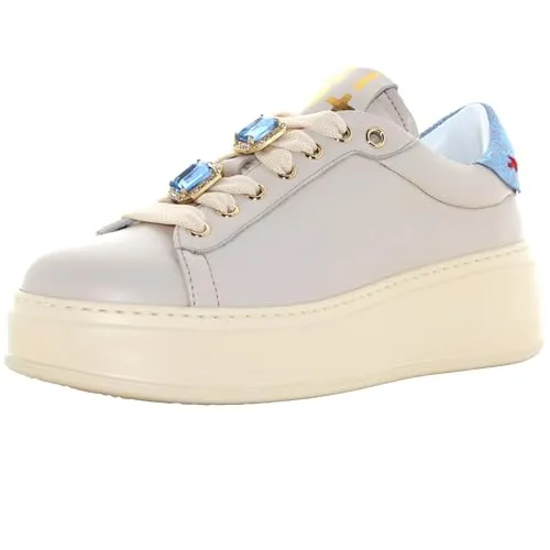 Gio+ Plateausneaker - Stylischer Plateau-Sneaker mit Katzen-Strass-Applikation und goldfarbenen Metallic-Details, ideal für einen modischen Auftritt.