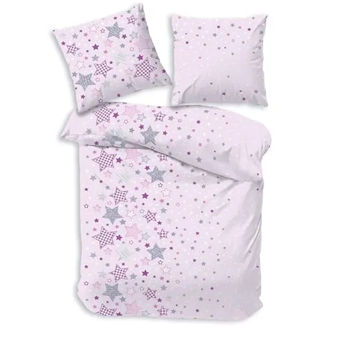 Kuschelige Kinder-Bettwäsche 135x200 Sterne in Rosa - Bettwaren-Set für Kinder aus 100% Baumwolle Biber, weich und hautsympathisch, ideal für süße Träume und Wohlfühlen im Kinderzimmer.