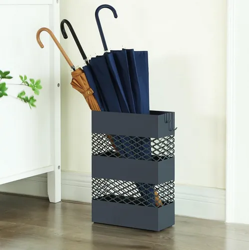 SONGMICS Schirmständer, aus Metall, rechteckig, Wasserauffangschale, Gitter-Design, grau