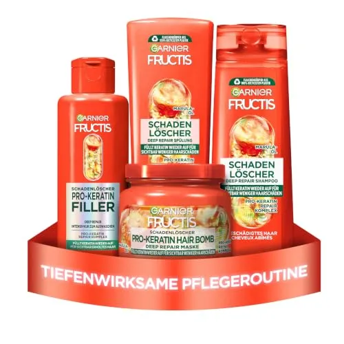 Garnier Fructis Schadenlöscher Haarpflege-Set für geschädigtes Haar, Mit Pro-Keratin & Marulaöl, Shampoo (250 ml), Spülung (200 ml), Deep Repair Haarkur (200 ml), Hair Bomb reparierende Maske (320 ml)