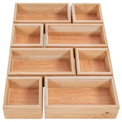 DeinKaufladen.com 8er Set Aufbewahrungsbox Holz Organizer – praktische und flexible Bambus Box - Schubladen Box Sortierbox Sortierkasten Kosmetik Aufbewahrung Ordnungsbox Holzboxen Holzkasten