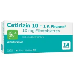 Cetirizin 10-1A Pharma - Allergiemittel - Arzneimittel zur schnellen Linderung von Allergiesymptomen wie Schnupfen und Juckreiz, wirkt bereits nach 30-60 Minuten und verbessert die Lebensqualität bei Heuschnupfen und Nesselsucht.