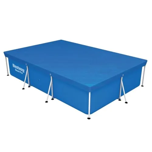 Bestway PE-Abdeckplane 304 x 205 cm, blau, eckig - Ideal für Bestway Steel Pro Pools (300 x 201 x 66 cm). Die Abdeckplane mit Drainagelöchern verhindert Wasseransammlungen und sorgt für eine einfache Handhabung dank inkludierter Befestigungsseile.
