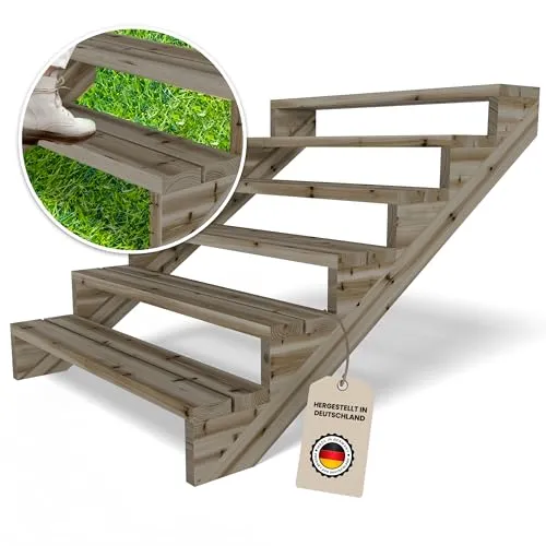 Gartenwelt Riegelsberger Terrassentreppe Breite 120 cm Treppe mit 6 Stufen Geschosshöhe 106 cm Massivholz Kiefer kesseldruckimprägniert Komplett-Set Wangen, Bohlen & Schrauben