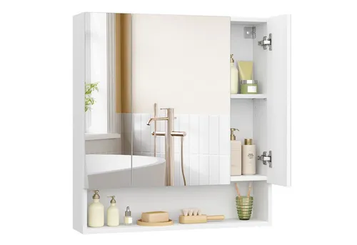 VASAGLE Badezimmerschrank mit 3 Türen und Spiegel - Spiegelschränke mit offenem Fach und verstellbaren Ablagen für flexible Nutzung, ideal für modernes Badezimmer und einfache Montage.