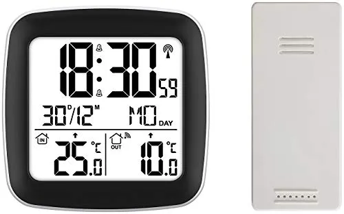 infactory Funkuhr Thermometer: Digitaler Funkwecker mit Dual-Alarm, Thermometer, Außensensor, Datum (Außenthermometer Funk, Funkwecker mit Temperaturanzeige, Wetterstation)