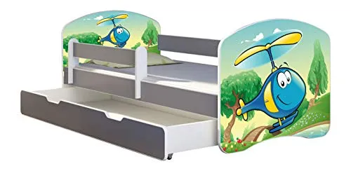 ACMA Kinderbett Jugendbett mit Einer Schublade und Matratze Grau mit Rausfallschutz Lattenrost II (35 Hubschrauber, 180x80 + Bettkasten)
