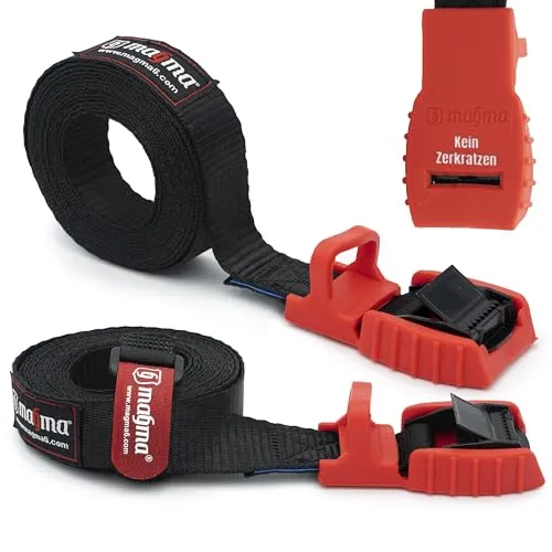MAGMA 2-Pack Spanngurte mit Anti-Kratz Gummischnalle - Spanngurte & Zurrösen für sichere Verladung von Auto, Kajak, Fahrrad und mehr. Mit gummibezogenen Schnallen, die Kratzer vermeiden und eine hohe Bruchlast von 500 kg bieten.