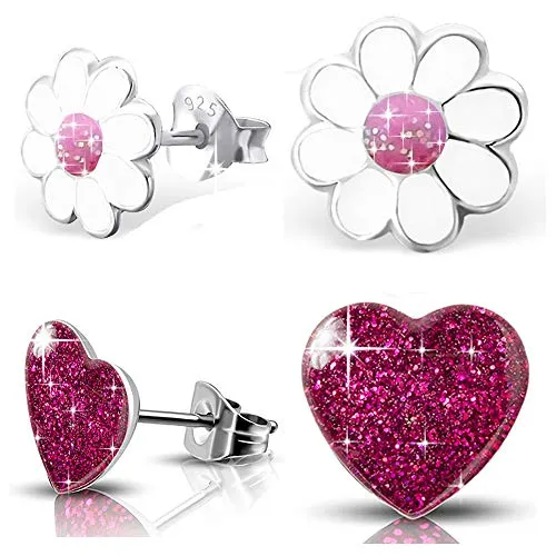 Kinder Mädchen Ohrringe echt 925 Sterling Silber Edelstahl Blumen Herz Kinder Ohrstecker K300+K285