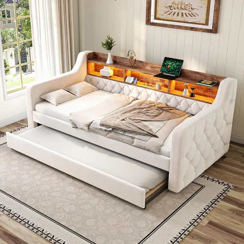 Platzsparendes Sofa-Bett 90x190 cm aus Samt mit Stauraum und LED-Ambiente – Beige